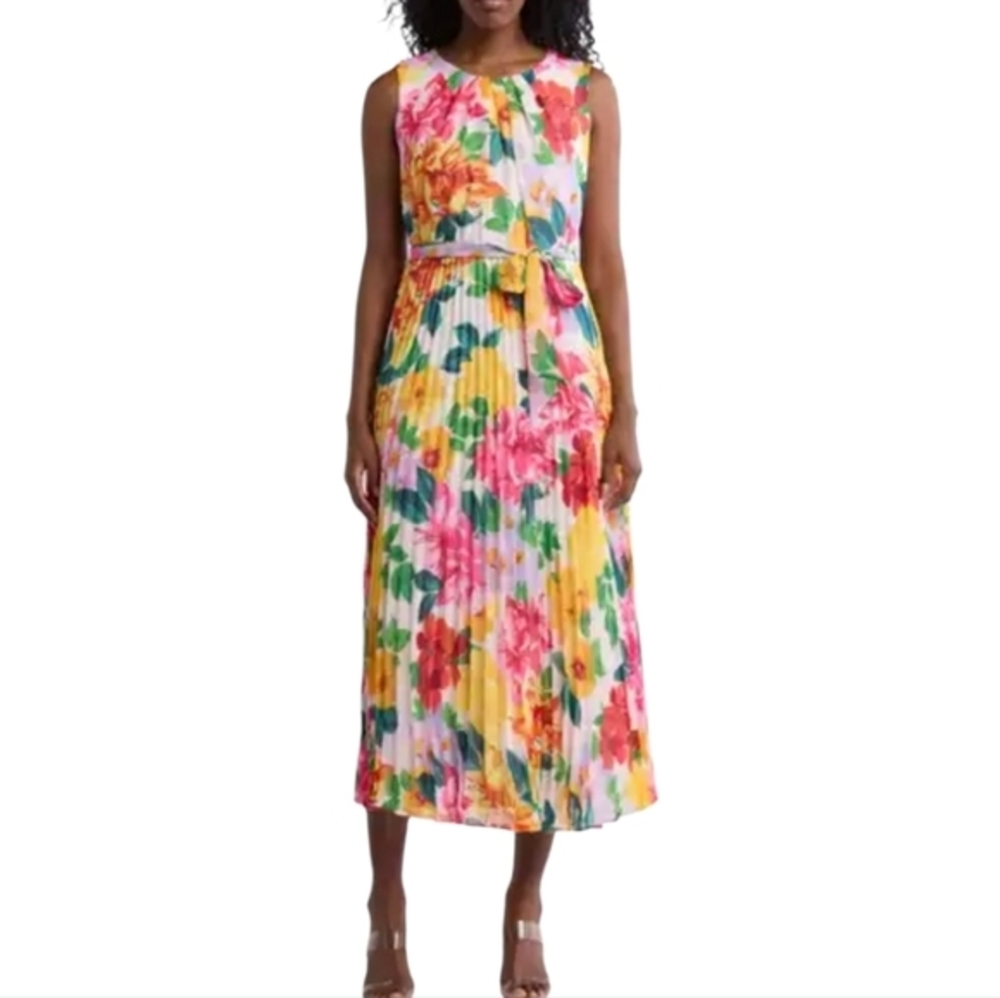 Sandra Darren Multicolor Floral Sleeveless Pleated Maxi Dress Size 8 New